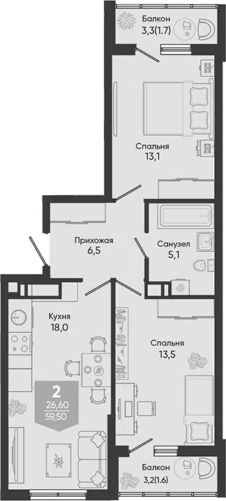 Планировка 3Е-к.кв