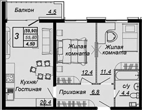 Планировка 2-к.кв