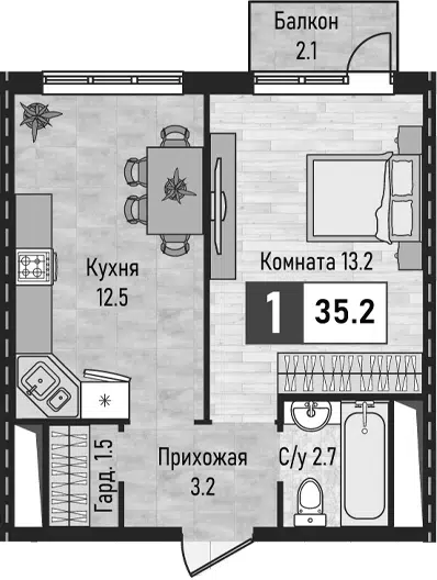 Планировка 1-к.кв
