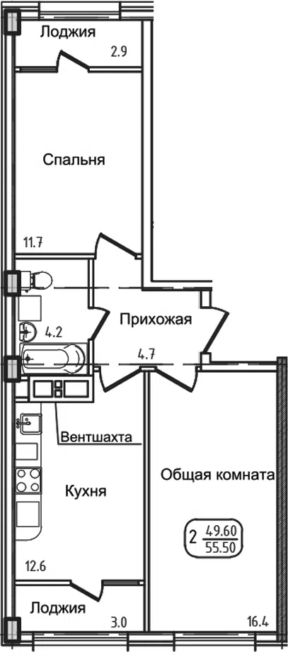Планировка: 2-к.кв