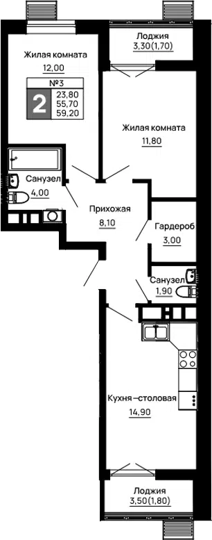 Планировка 2-к.кв