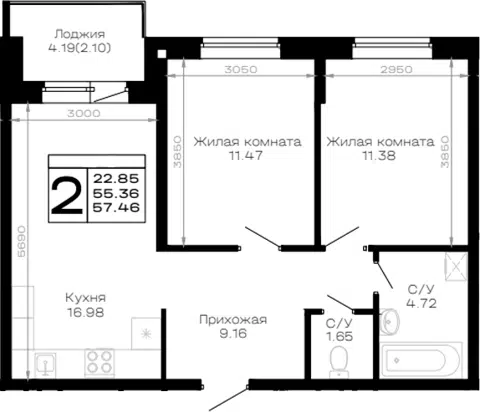 Планировка 2-к.кв