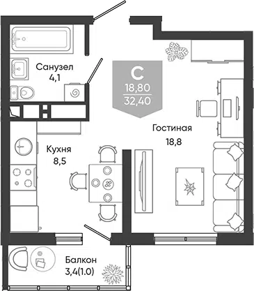 Планировка 1-к.кв