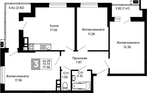 Планировка 3-к.кв