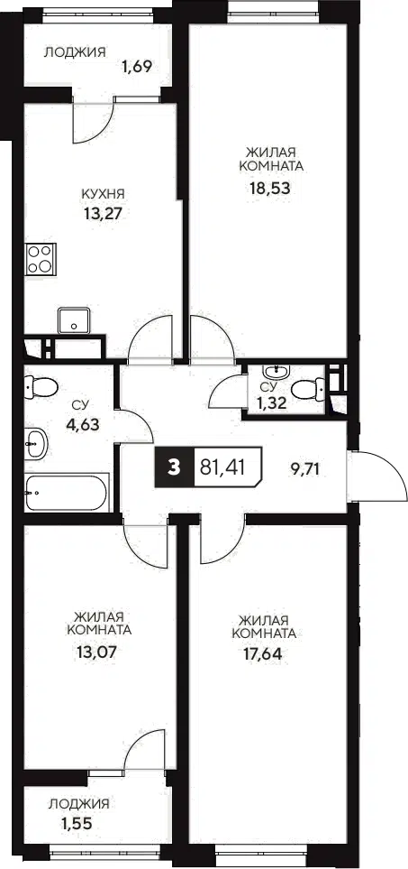 Планировка 3-к.кв