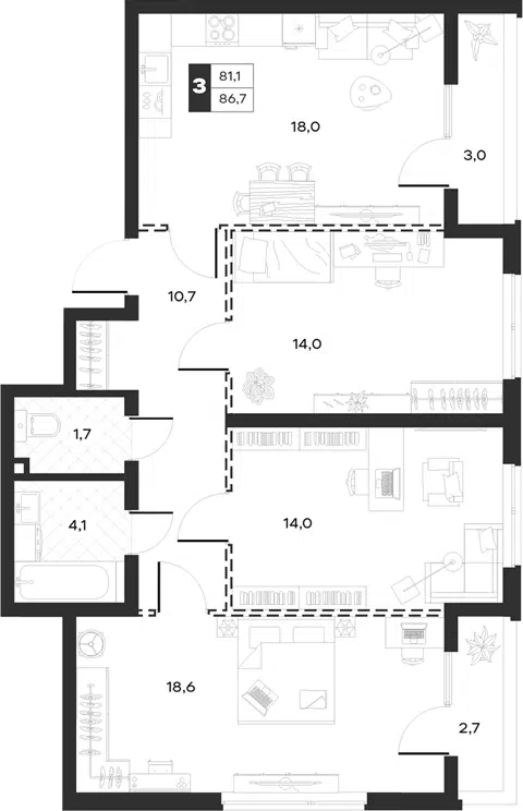 Планировка 3-к.кв