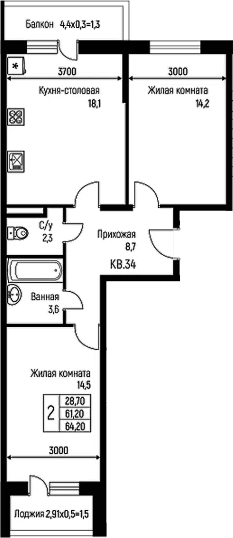 Планировка 3Е-к.кв
