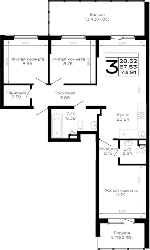 Планировка 3-к.кв