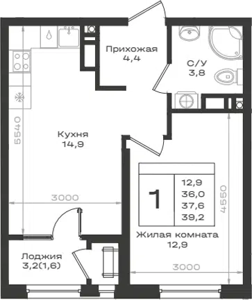 Планировка 1-к.кв