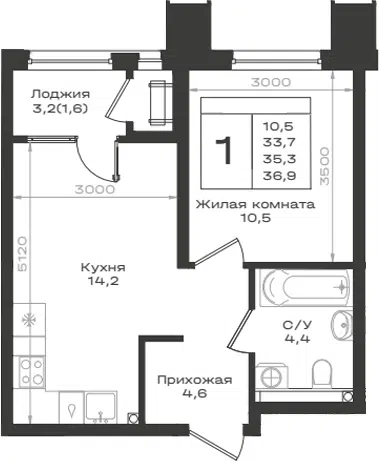 Планировка 1-к.кв