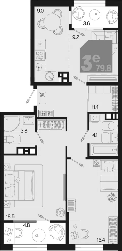 Планировка 3Е-к.кв
