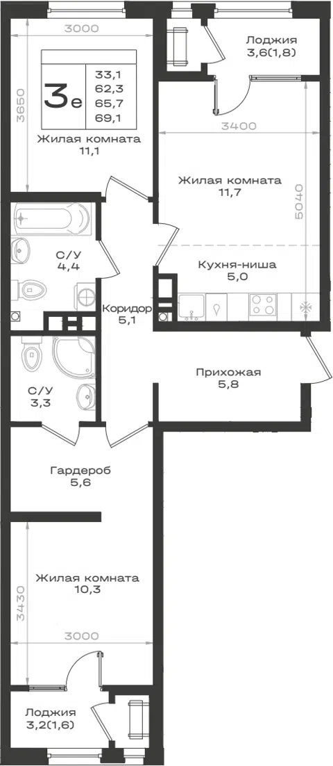 Планировка 3Е-к.кв