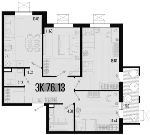 Планировка 3-к.кв