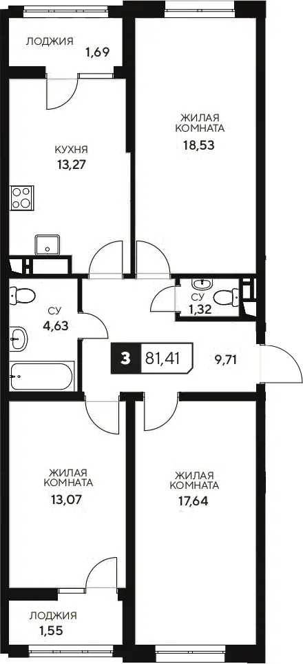 Планировка 3-к.кв