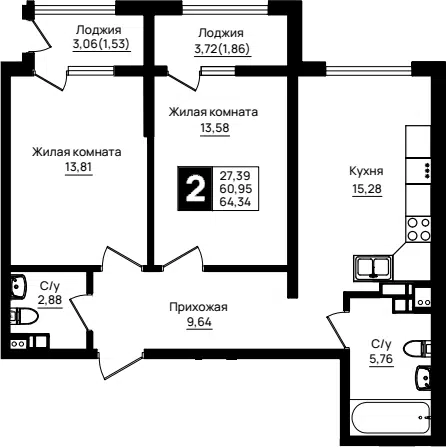 Планировка 2-к.кв
