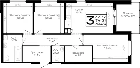 Планировка 3-к.кв
