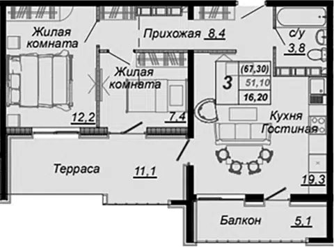 Планировка 2-к.кв