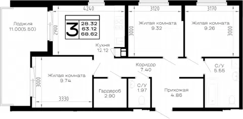 Планировка 3-к.кв