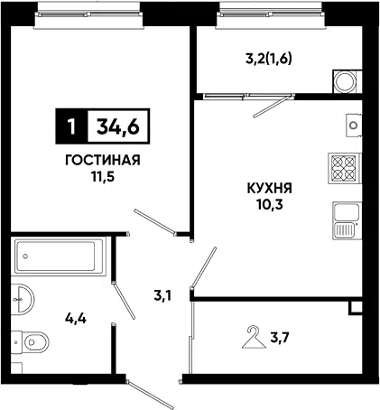 Планировка 1-к.кв