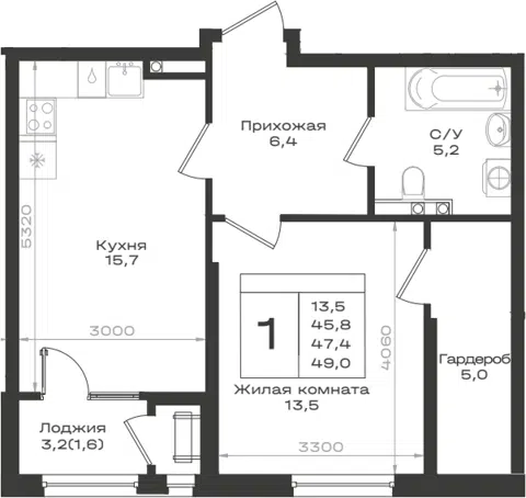 Планировка 1-к.кв