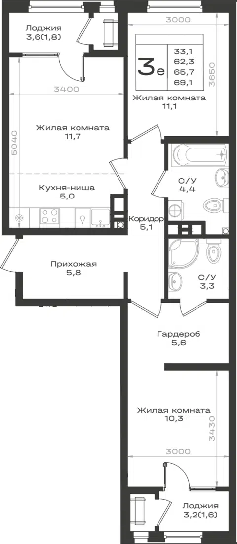 Планировка 3Е-к.кв