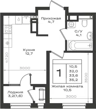 Планировка 1-к.кв