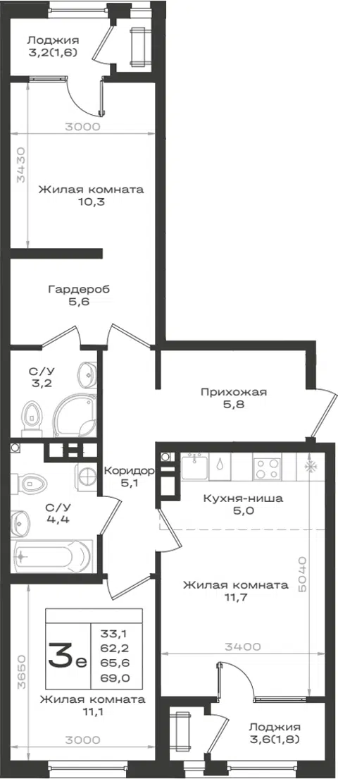Планировка 3Е-к.кв