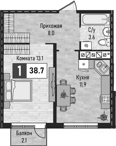 Планировка 1-к.кв