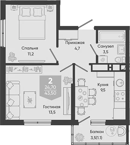 Планировка: 2-к.кв