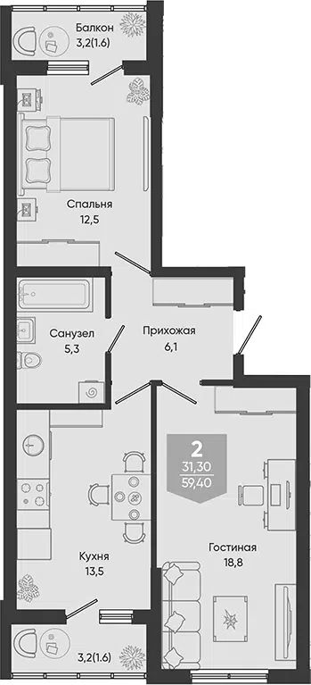 Планировка 2-к.кв