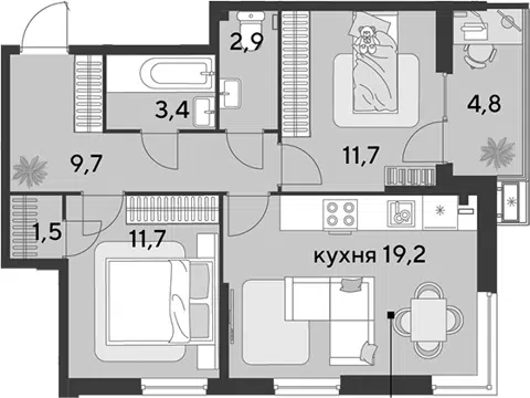 Планировка 3Е-к.кв