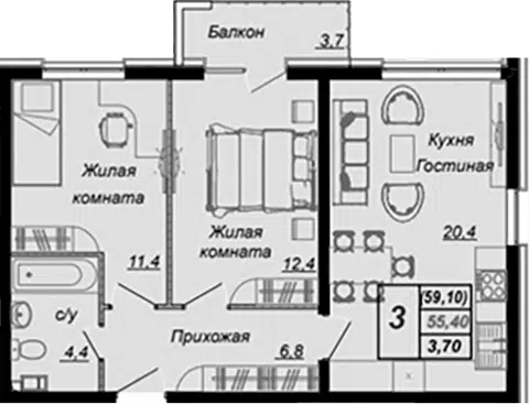 Планировка 2-к.кв