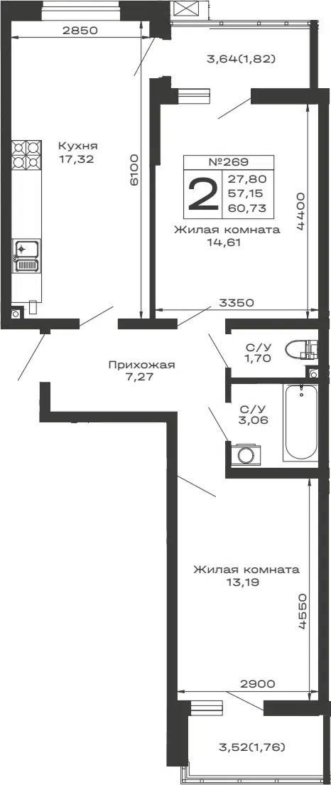 Планировка 2-к.кв