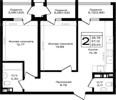 Планировка 2-к.кв