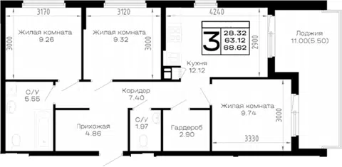 Планировка 3-к.кв