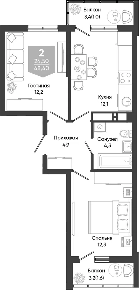 Планировка 2-к.кв