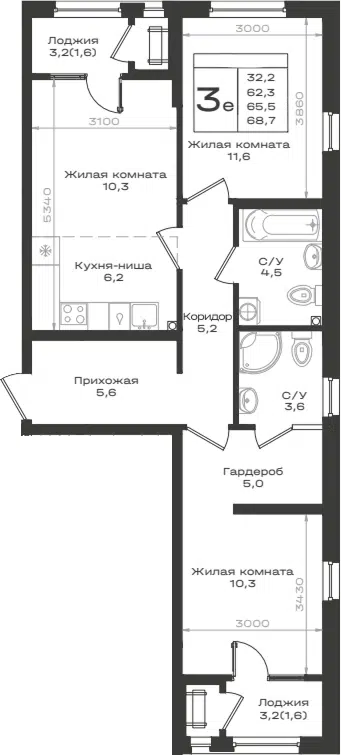 Планировка 3Е-к.кв