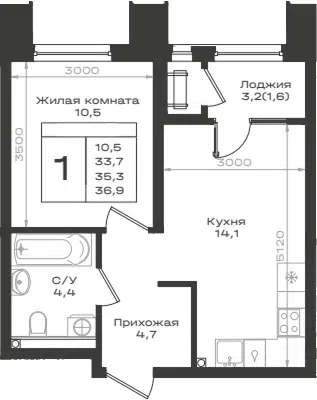 Планировка 1-к.кв