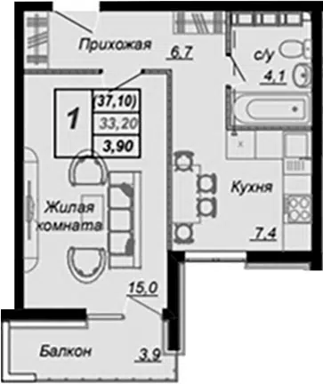 Планировка 1-к.кв