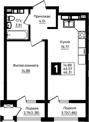 Планировка 1-к.кв