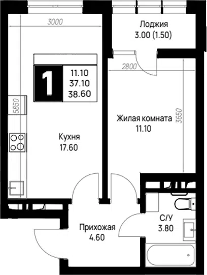 Планировка 1-к.кв