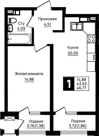 Планировка 1-к.кв
