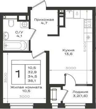 Планировка 1-к.кв