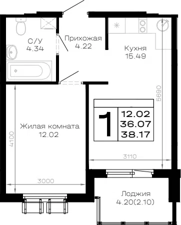 Планировка 1-к.кв