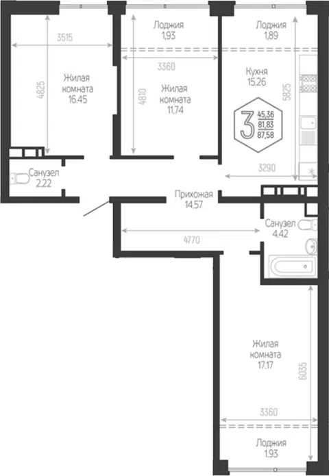 Планировка 3-к.кв