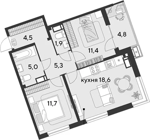 Планировка 3Е-к.кв