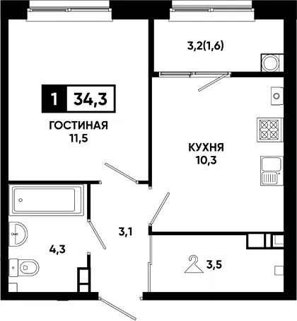 Планировка 1-к.кв