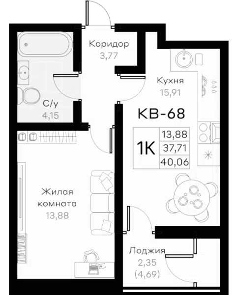 Планировка 1-к.кв