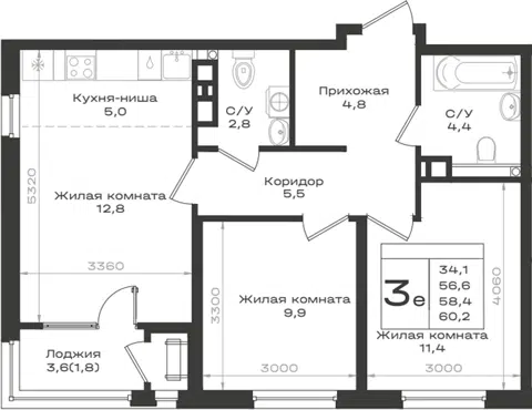 Планировка 3Е-к.кв