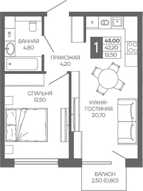 Планировка 1-к.кв